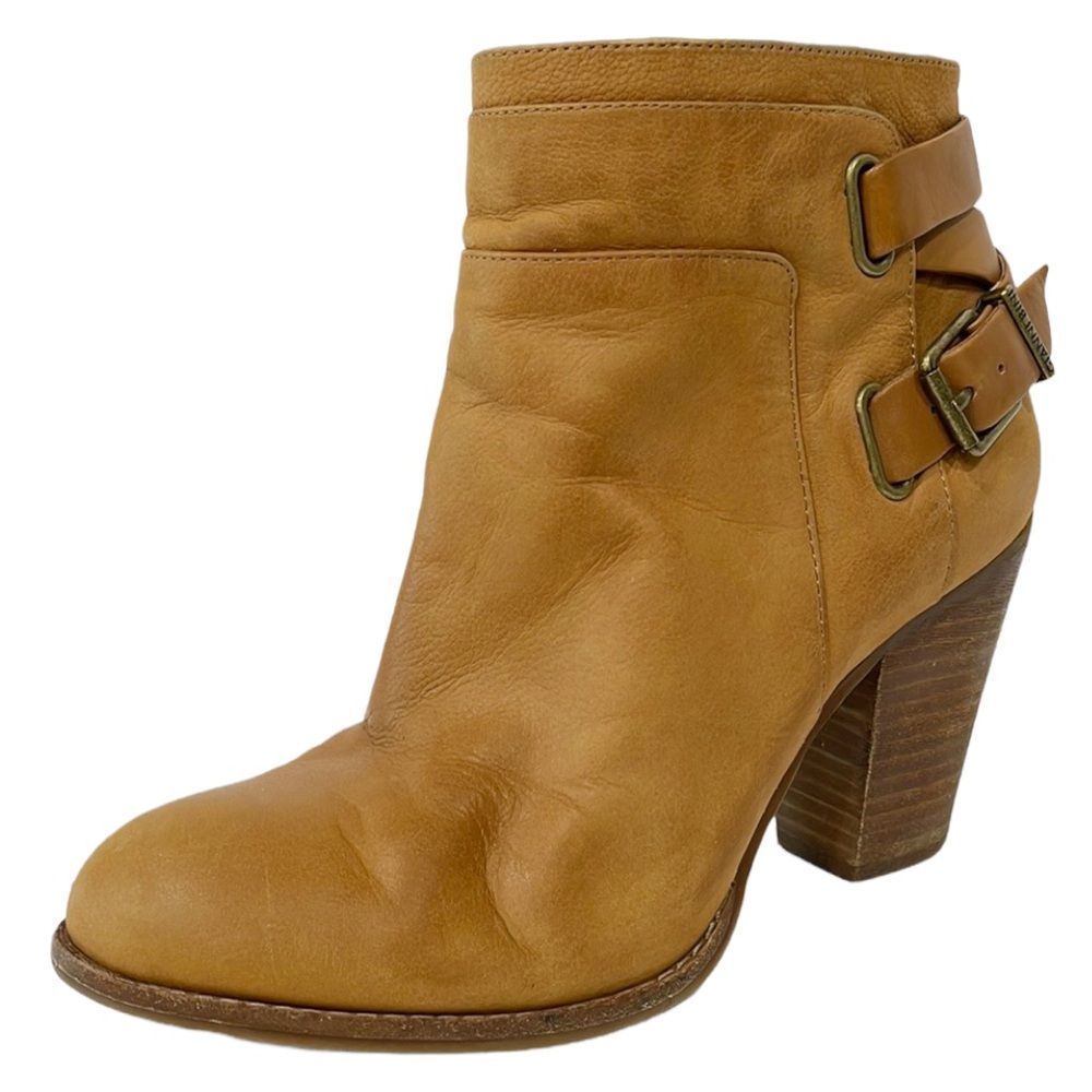 Gianni Bini Tan Genuine Leather Booties Buckle‎ Zipper Stacked Heel 8.5 M